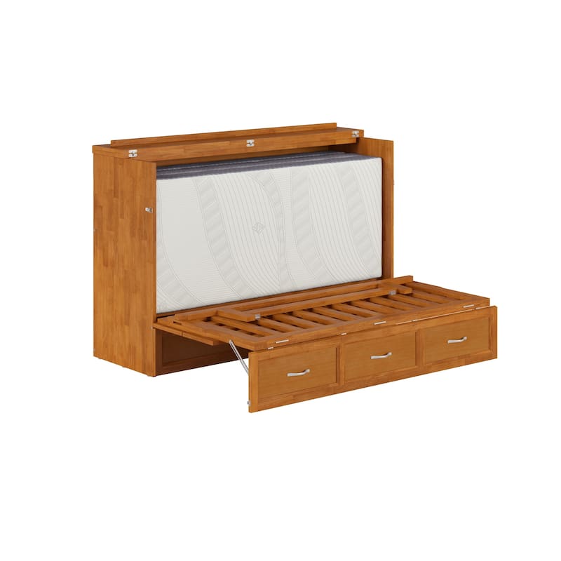 Northfield Queen Murphy Bed Chest with 6" Mattress, Storage Drawer & Built-In Charger in Light Toffee