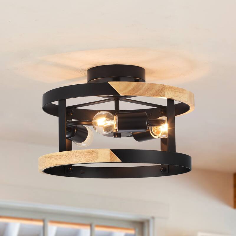 3-Light Drum-shaped Semi Flush Mount Chandelier for Hallway Entryway Dining Room - Black