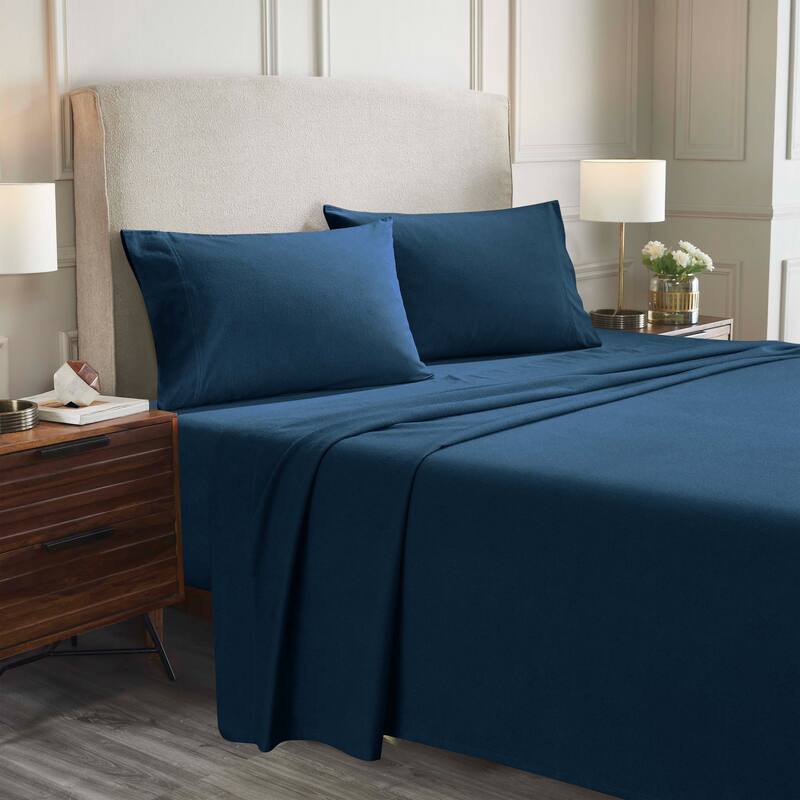 Superior Flannel Cotton Trellis or Solid Deep Pocket Bed Sheet Set - California King Solid - Navy Blue
