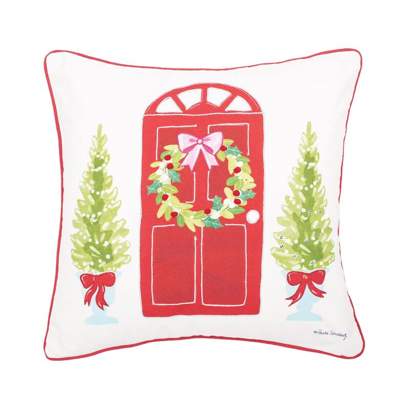 Door Wreath Printed & Embellished Throw Pillow