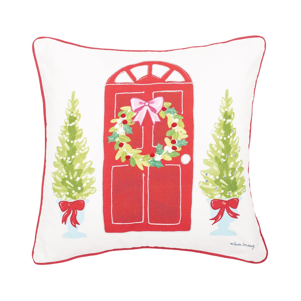 Door Wreath Printed & Embellished Throw Pillow