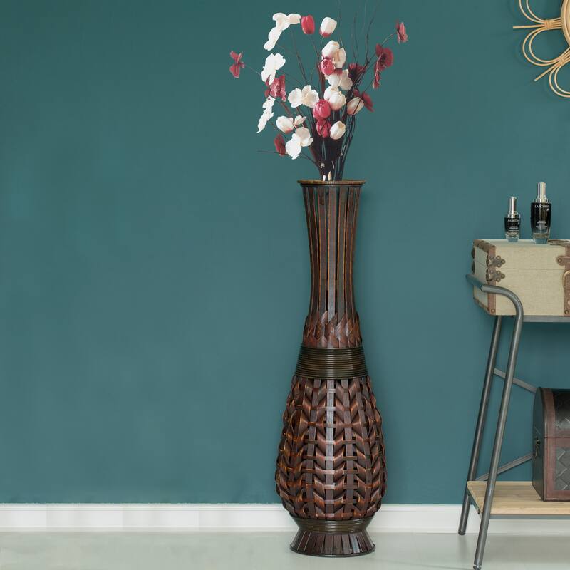 Antique Trumpet Style Brown Bamboo Floor Vase - 36-inch-Tall Decorative Vase for Entryway or Living Room, Vintage-Inspired Decor