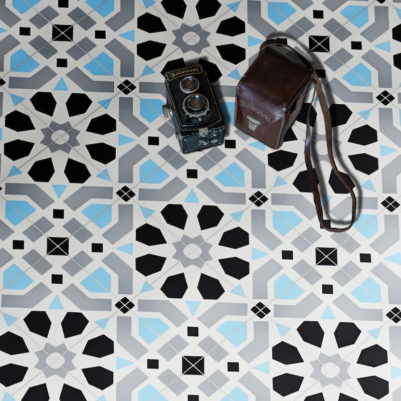 Handmade Azilal in Black, Grey, and Blue Tile, Pack of 12 (Morocco)