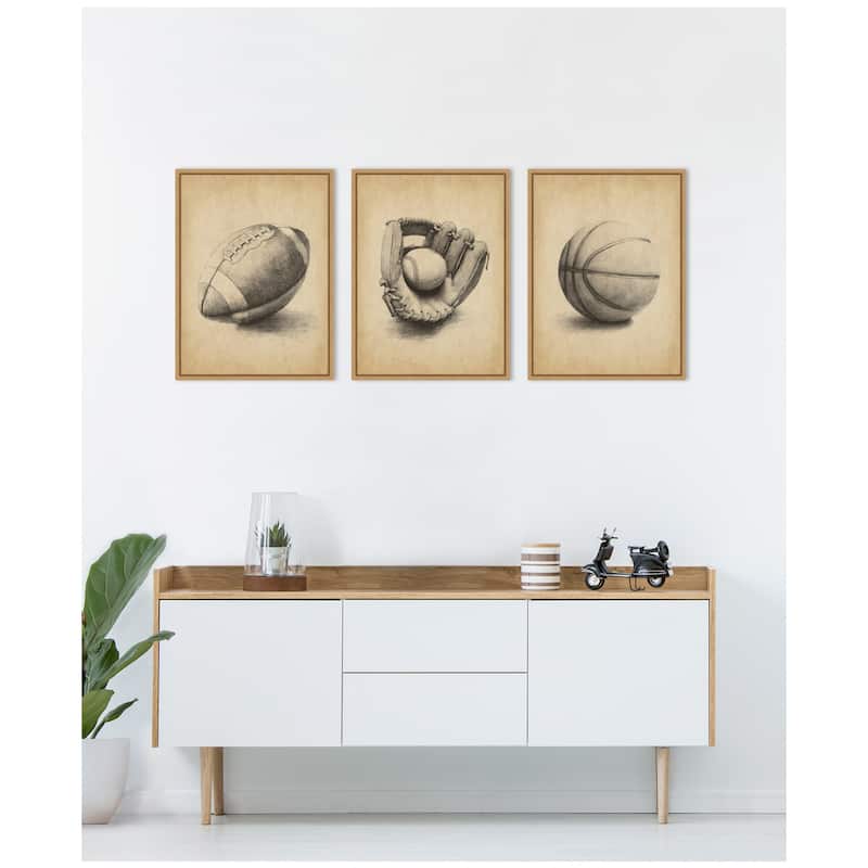 Kate and Laurel Walnut Antique Football 3 Piece Framed Canvas Wall Art Set by The Creative Bunch Studio