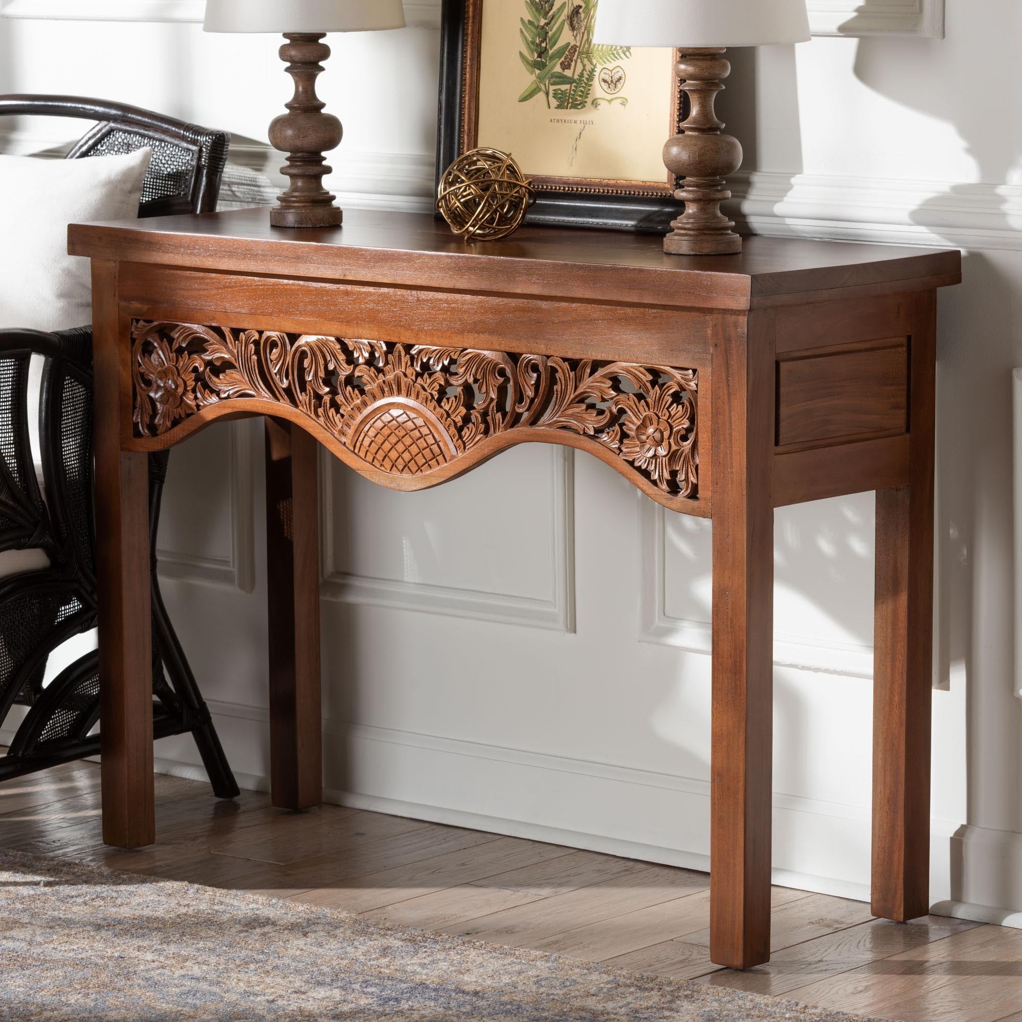 Alannis Mahogany Wood Console Table - Accent Table with Carved Floral Apron for Entryway, Living Room, or Hallway