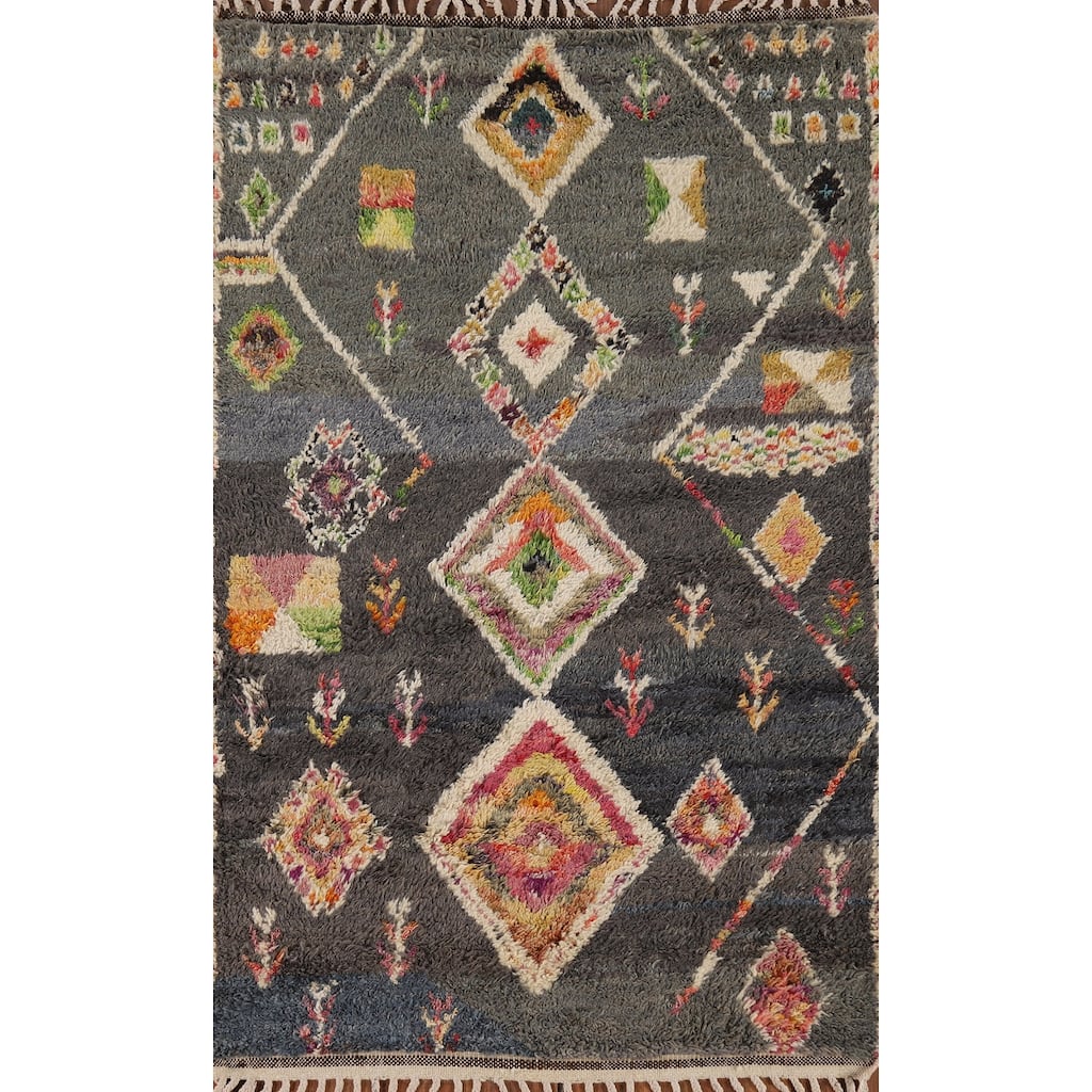 Hand Knotted Oriental 100% Wool Carpet Modern Tribal Greys & Charcoal Moroccan Area Rug - 6' 11'' X 4' 1''