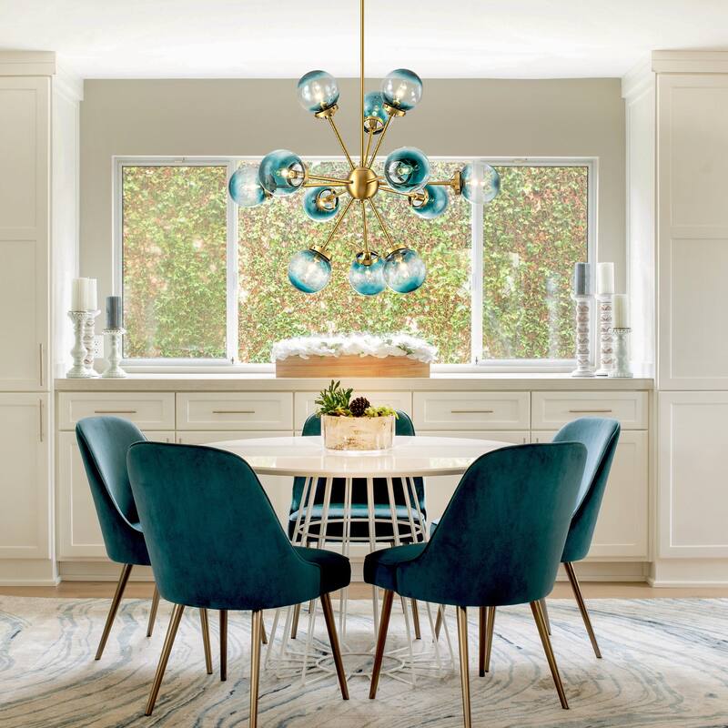 12-Light Modern Glam Brushed Gold Linear Sputnik Gradient Blue Glass Globe Bubble Chandelier - 37.7 in. W x 30.3 in. H