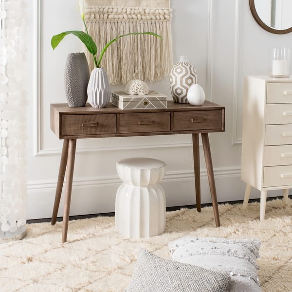 slide 1 of 6, SAFAVIEH Albus Chocolate Brown 3-drawer Console Table - 41.8" x 14.3" x 32"