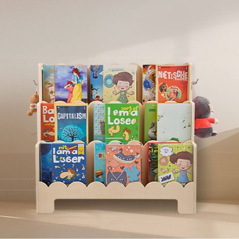 Natural Wood Kids Montessori Bookshelf with 3 Compartments and Side Hooks for Toys and Supplies - 29.53 x 10.63 x 27.56 in