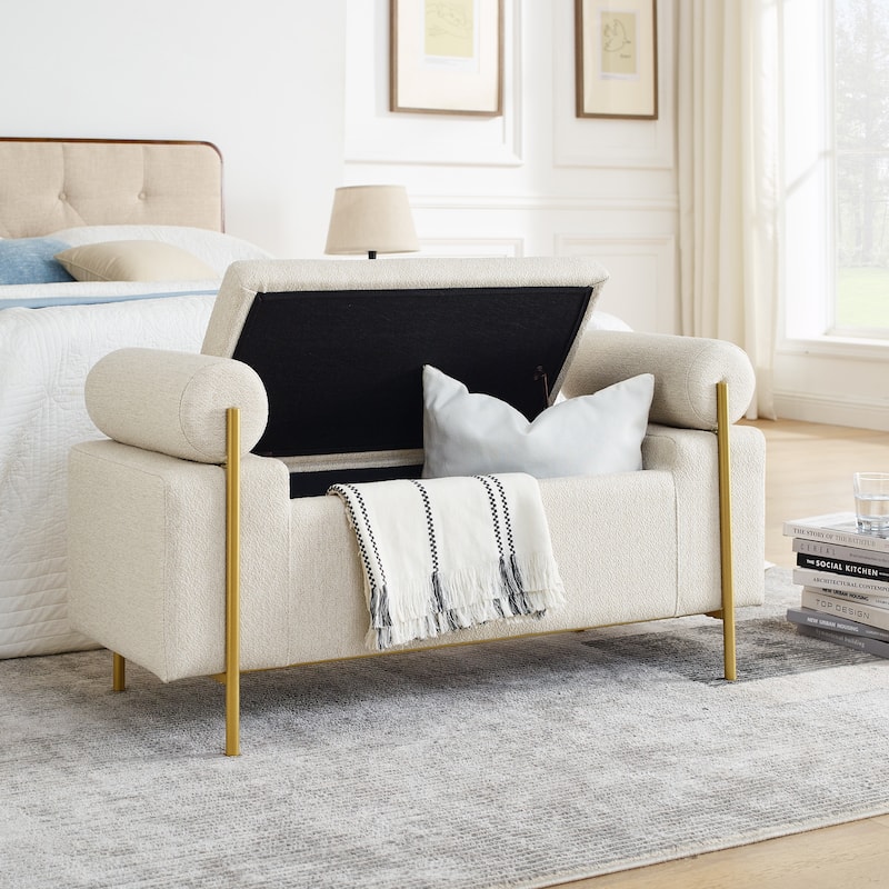 Linen Upholstered Storage Bench with Cylindrical Arms and Iron Legs