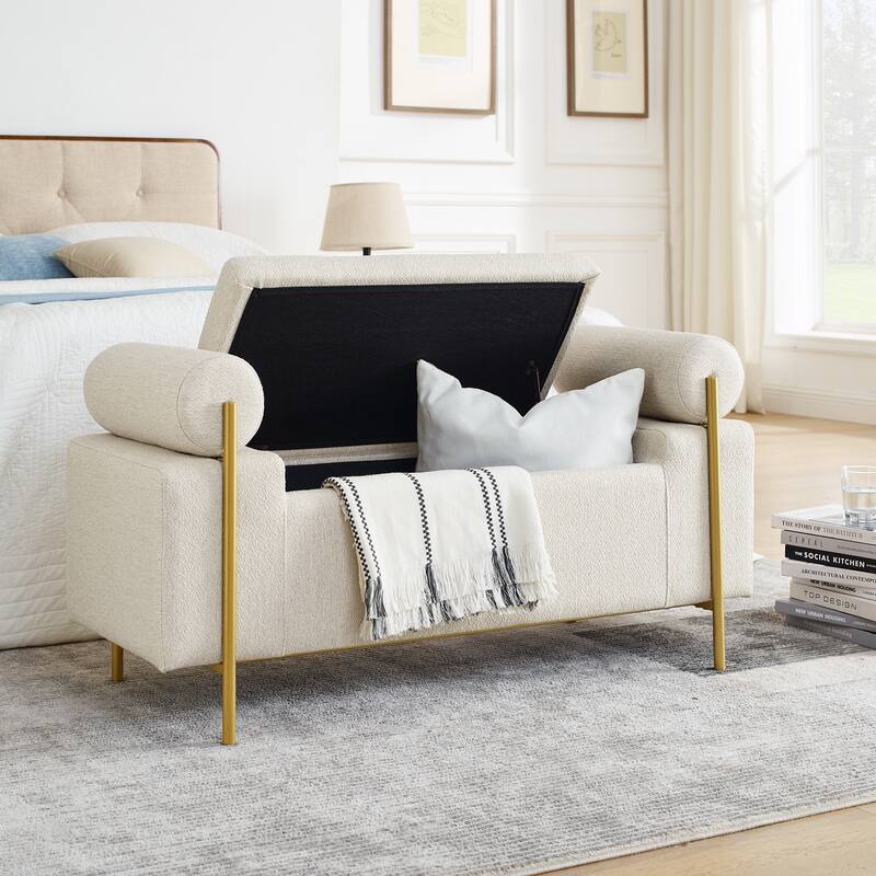 Upholstered Linen Storage Bench with Cylindrical Arms and Gold Metal Legs