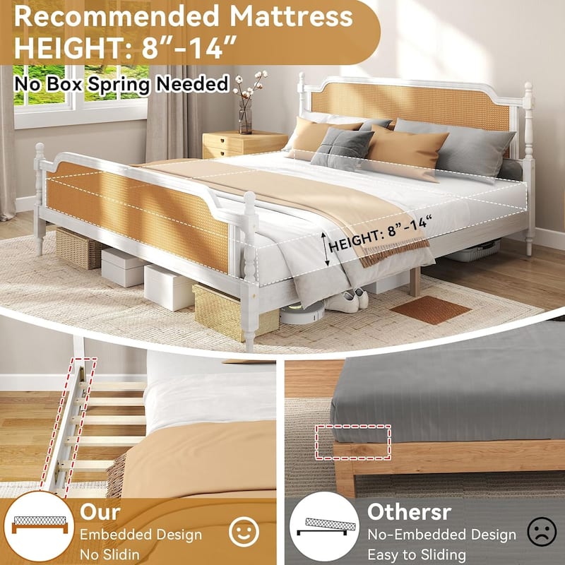Rattan King Size Platform Bed Frame - Handwoven Rattan Headboard and Footboard, Solid Pine Wood, No Box Spring Needed , Walnut