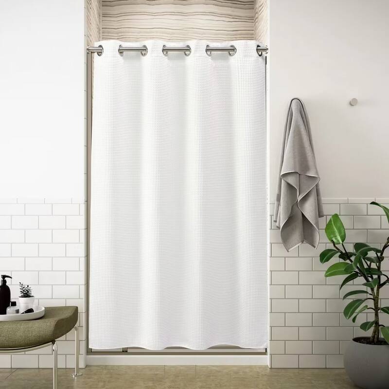 No Hook Cotton Blend Waffle Shower Curtain with Snap-in Liner