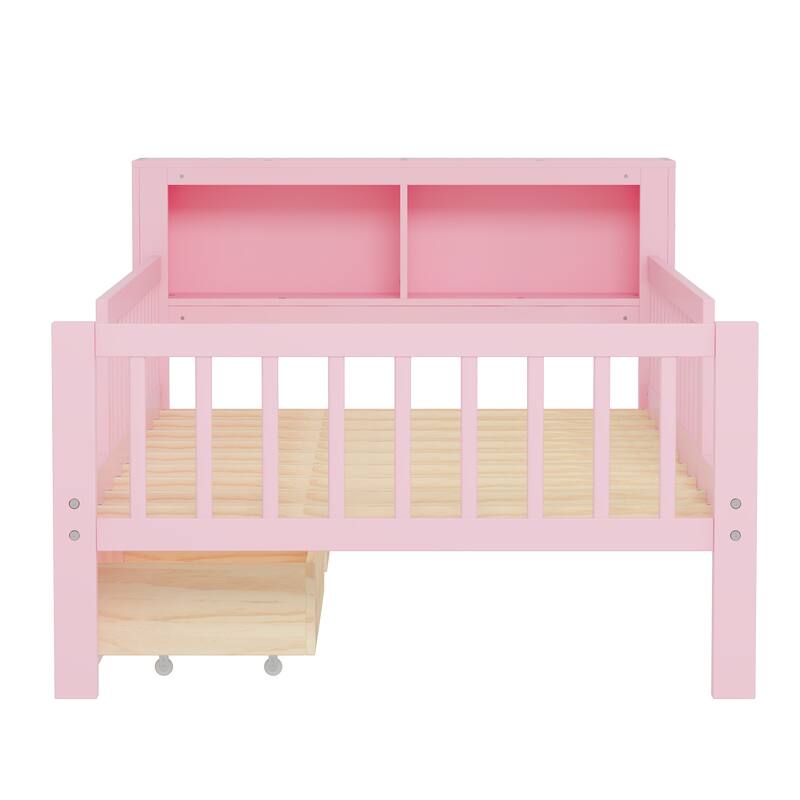 Twin Wood Storage Bed with 3-Side Guardrails, Underbed Drawers & Headboard Storage