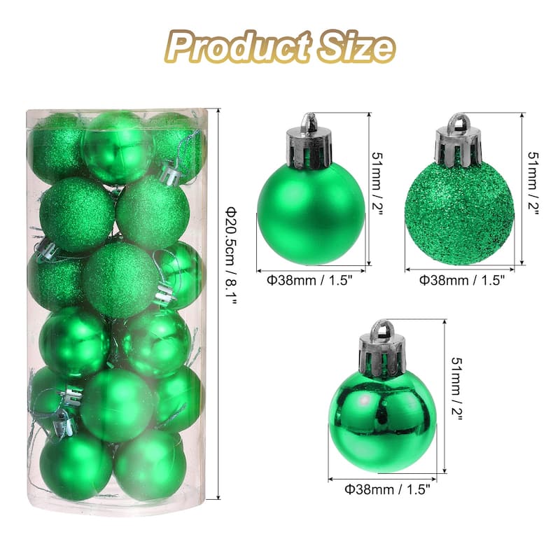 24Pcs 1.5" Christmas Balls Ornaments Shatterproof Hanging Balls Set - Green