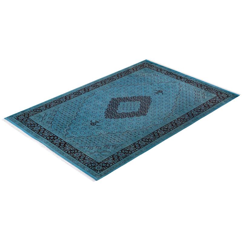 Overton Hand Knotted Wool Vintage Inspired Modern Contemporary Overdyed Blue Area Rug - 6' 2" x 9' 3"