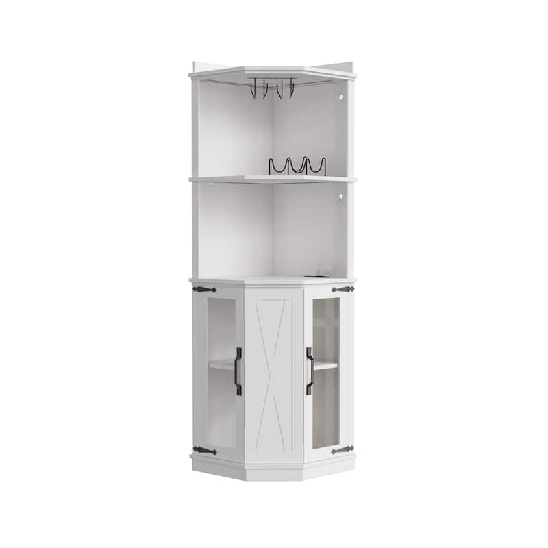 Corner Bar Cabinet with Power Outlet & Adjustable Shelves, Freestanding Wood Storage Cabinet with Barn Door & Glass Rack