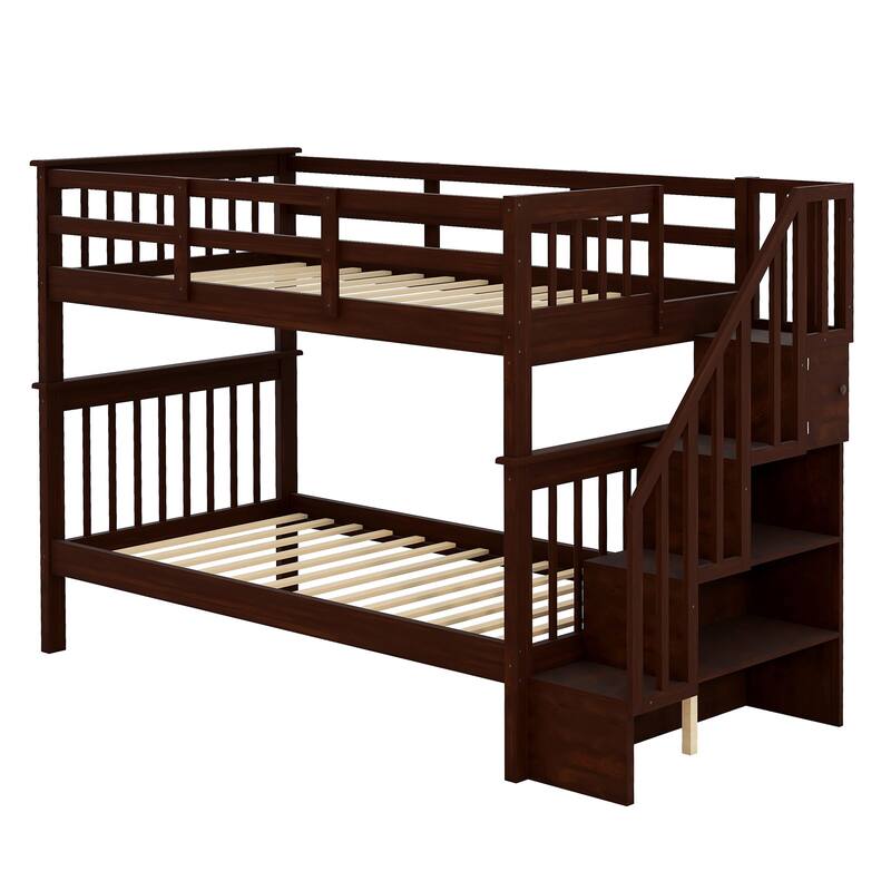 Twin-Over-Twin Bunk Bed with Storage Stairs and Guard Rail, Espresso Finish