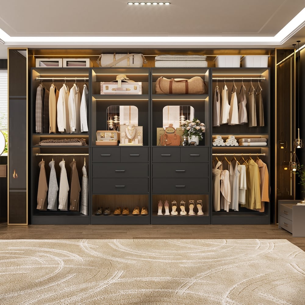 Set of 4 Closet System with 4 Drawer and Hanging Rods, Freestanding Closet Organizer with Storage Shelves