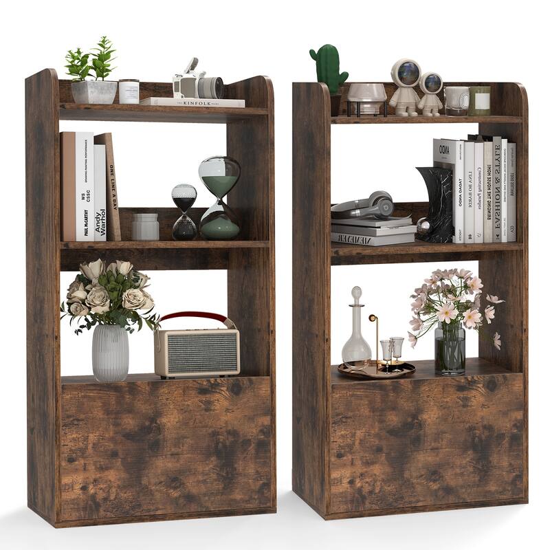Gymax 2PCS Bookcase w/ Drawer 3-Tier Open Shelf Anti-Toppling Kits for - Brown