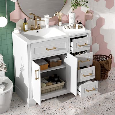 Bathroom Vanity with Ceramic Sink, Bathroom Vanities with Adjustable Shelf, Storage Cabinet with Soft-Close Doors and Drawers