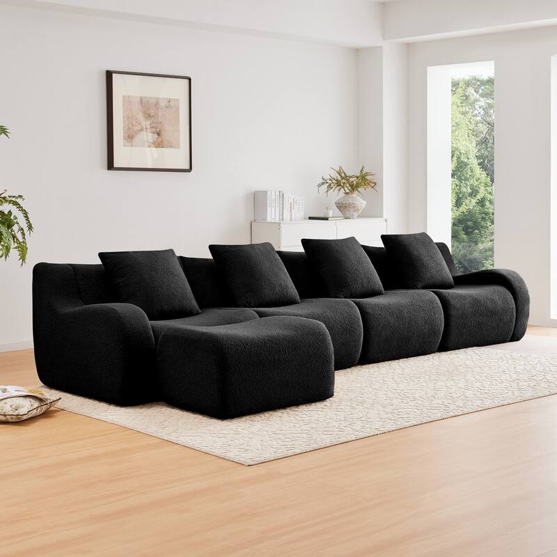 Teddy Fabric Anti-Slip Design Boneless Sofa - Black(4 Seat+1 Ottoman)