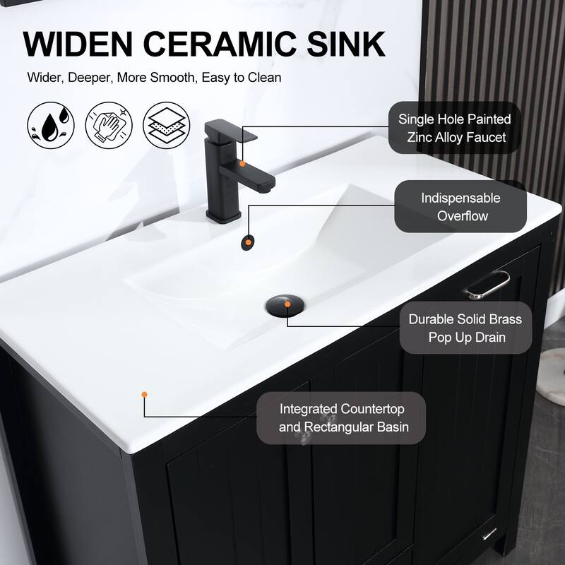 36" Bathroom Vanity Sink Combo with Laundry Hamper Ceramic Sink Storage Cabinet