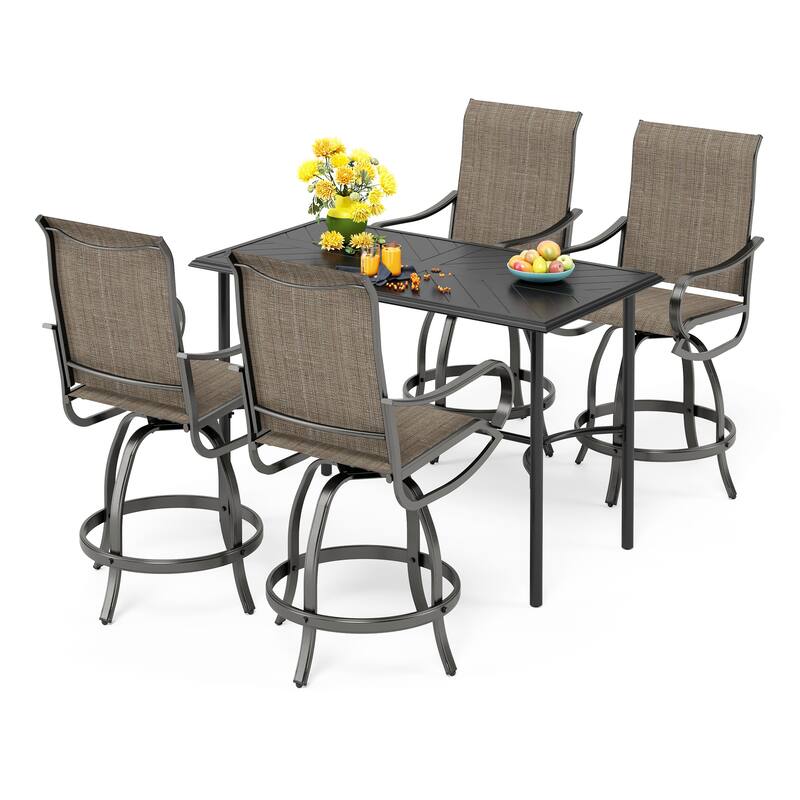 MAISON ARTS Patio 5-Piece Patio Bar Stool Set, 4 Swivel Bar Chairs and 1 Rectangular Metal Bar Height Table - Brown