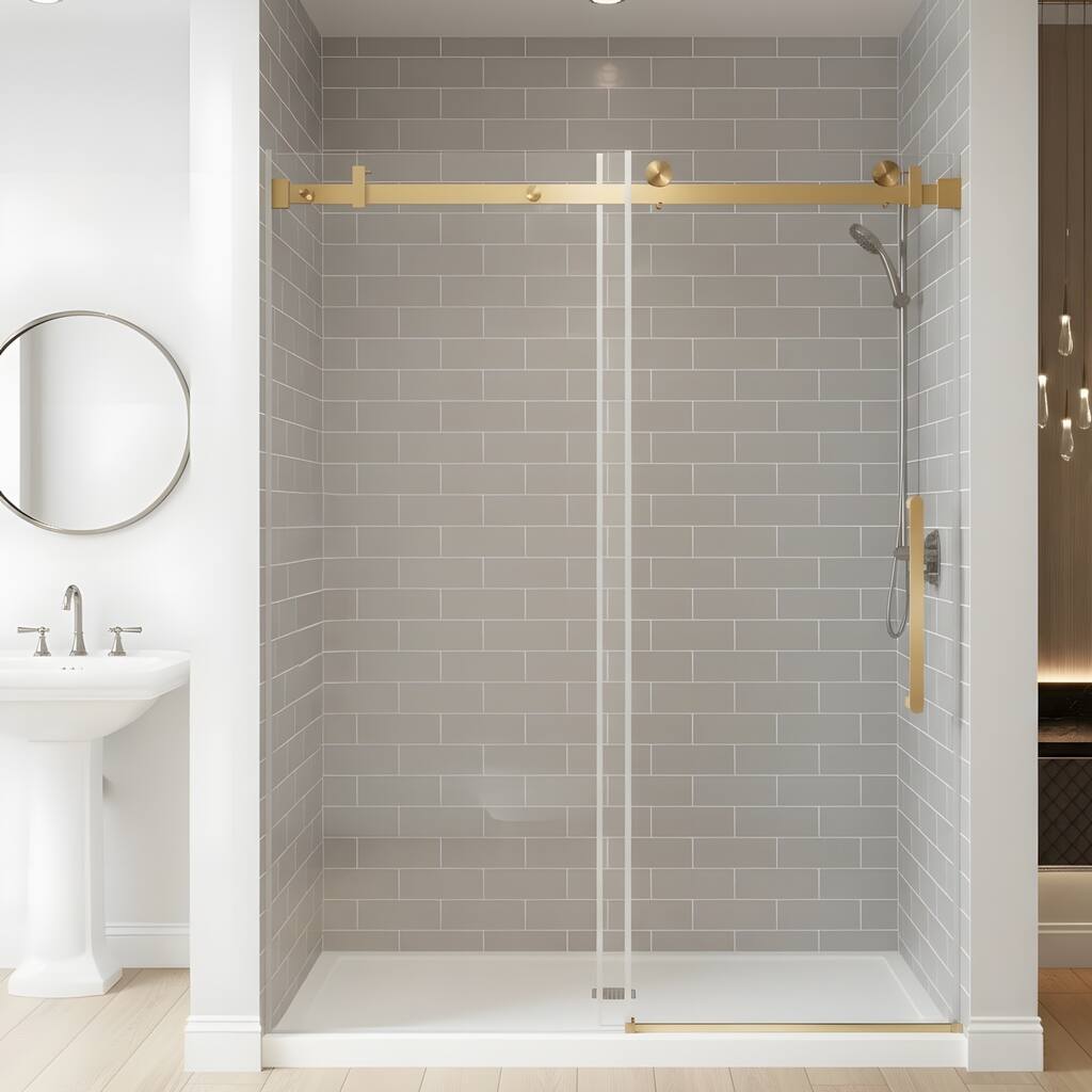 Frameless single-panel sliding shower door, (6 mm) clear tempered glass, safety film, stainless steel handle, square tube track