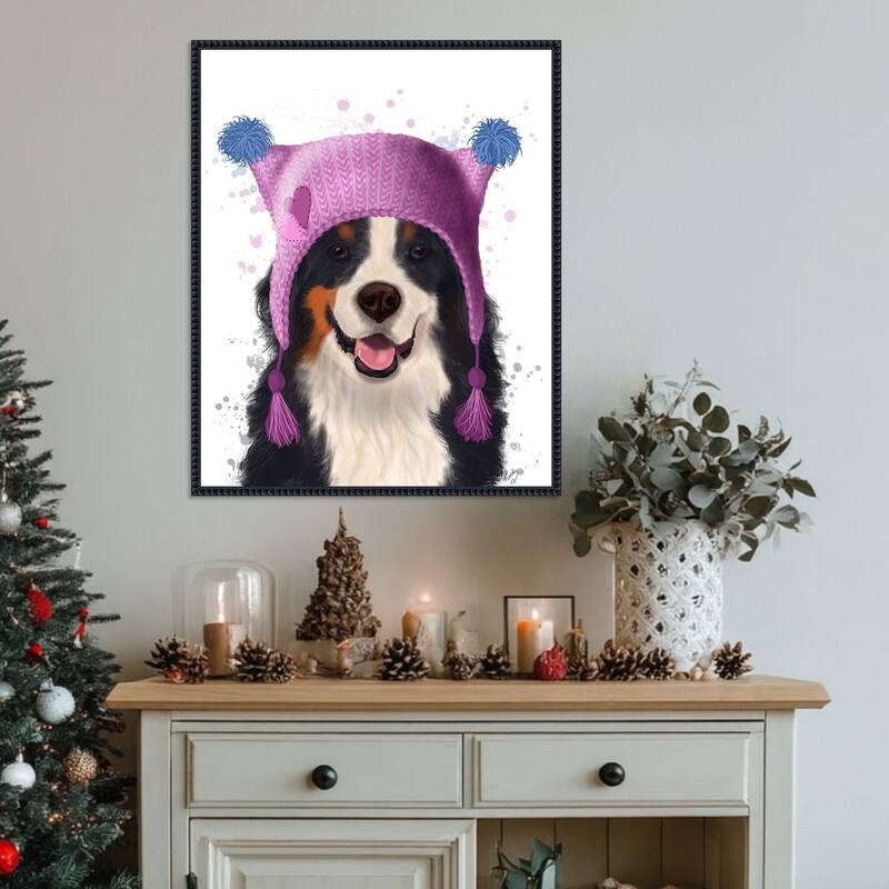 Bernese And Bobble Hat by Fab Funky (23 x 28 in.), Framed Canvas Wall Art Print - Sylvie Beaded Black