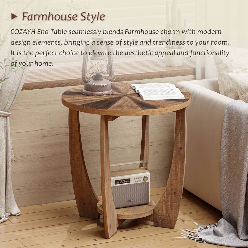 COZAYH Rustic Farmhouse End Table , French Country Accent Side Table for Family, Dinning Or Living Room, Storage Shelf, Round