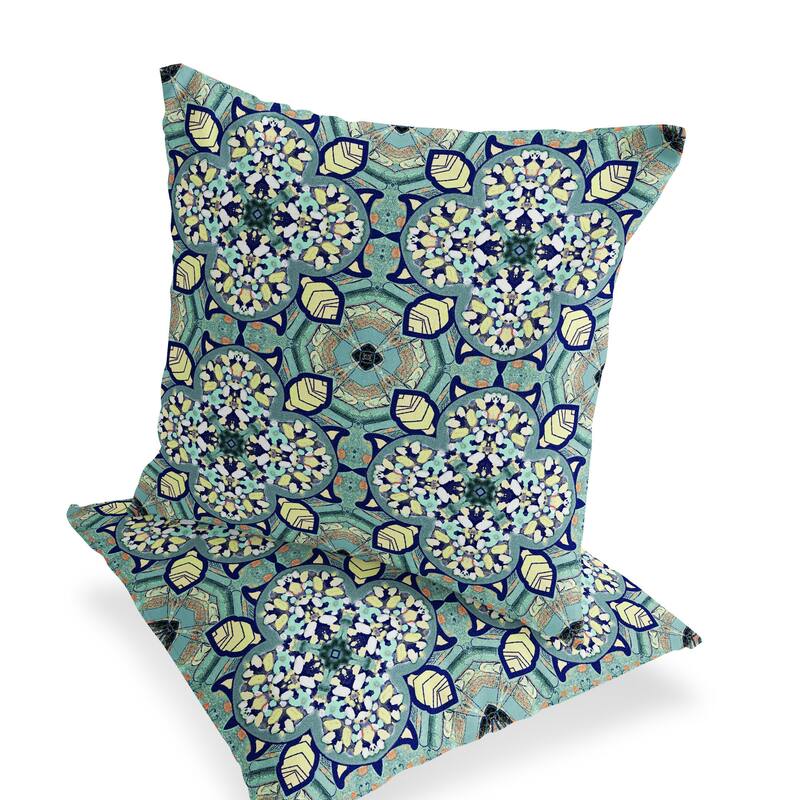 HomeRoots Set of Two 16" X 16" Green and Yellow Blown Seam Floral Indoor Outdoor Throw Pillow - 16.00' X '16.00' X '5.00