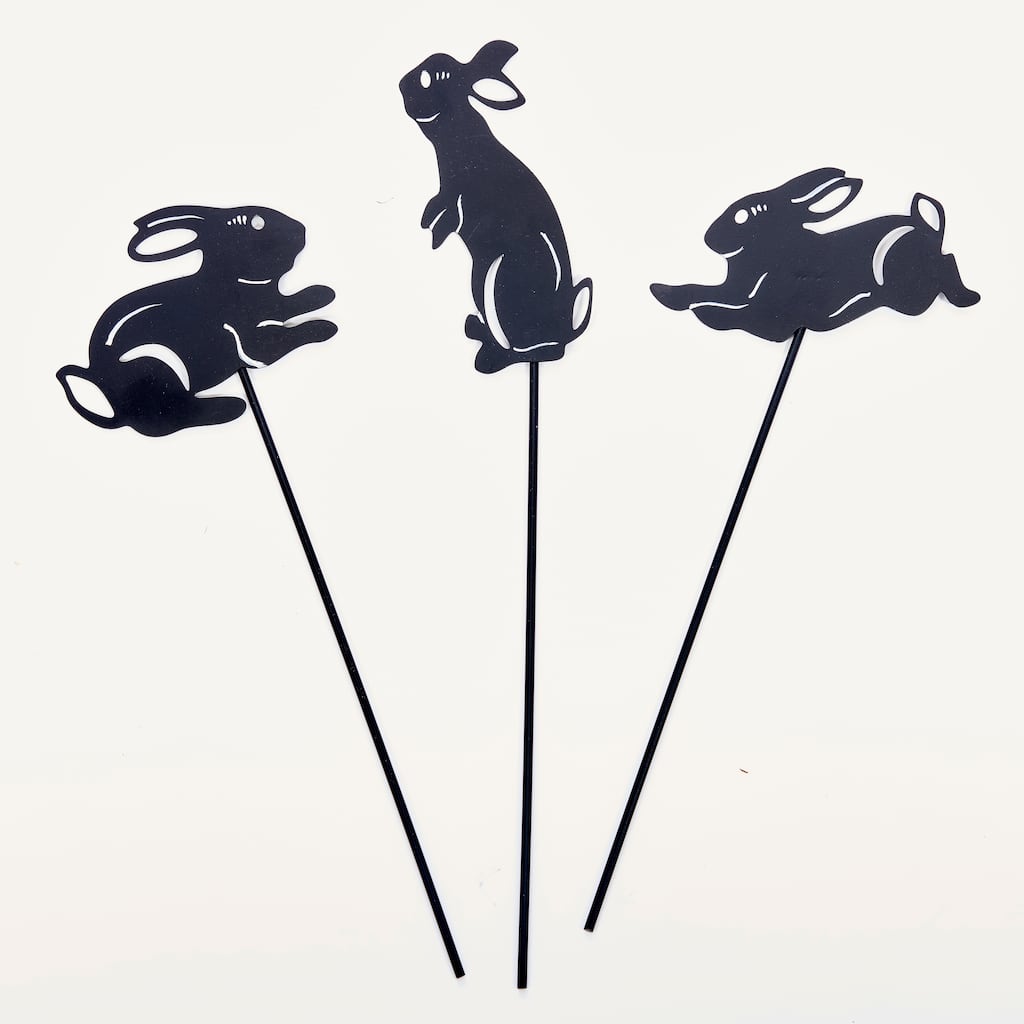 4" Iron Silhouette Bunnies on 10" Planter or Garden Floral Stake, Set of 5