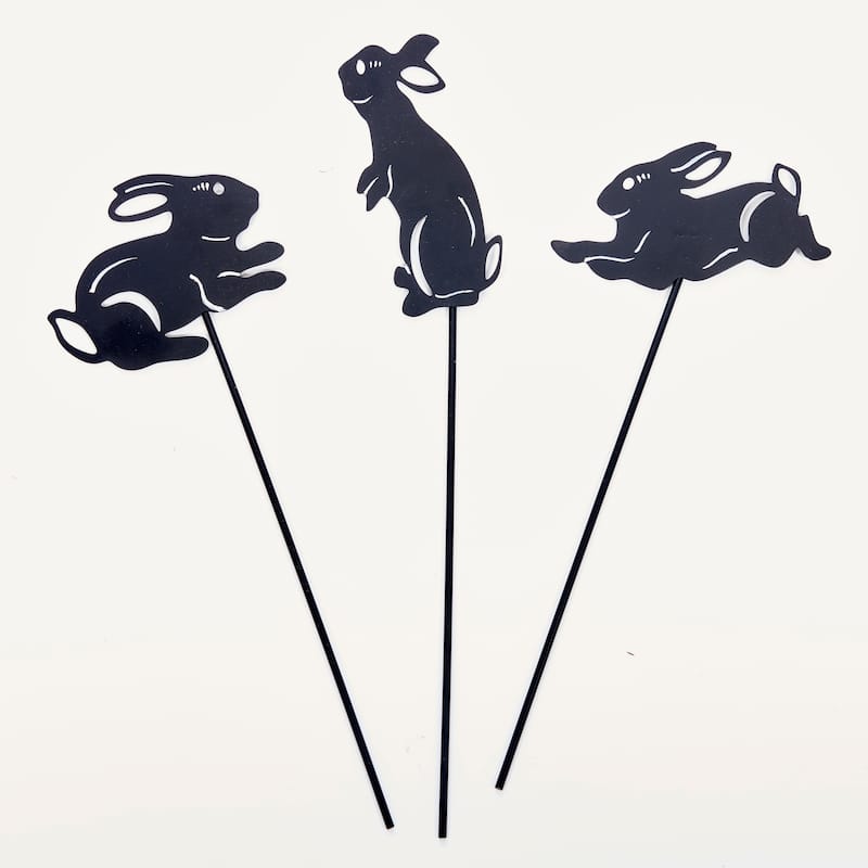 4" Iron Silhouette Bunnies on 10" Planter or Garden Floral Stake, Set of 5