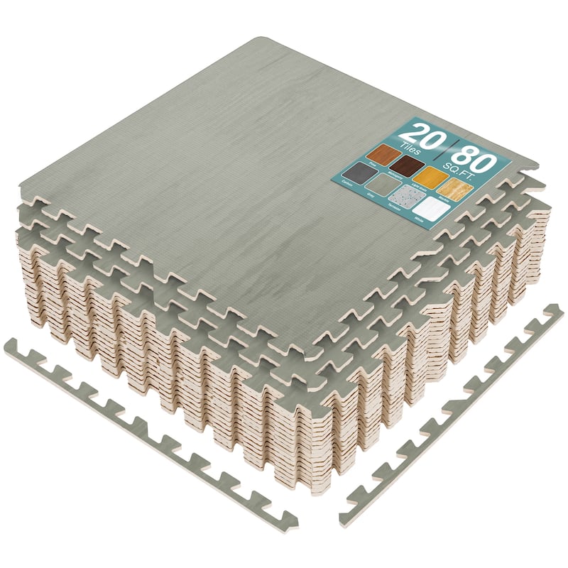 Sorbus 80 Sq. Ft. Wood Grain Floor Tiles Foam Mat EVA Interlocking Mats Tile 3/8-Inch-Thick Wood Puzzle Exercise Mats. - Light Grey