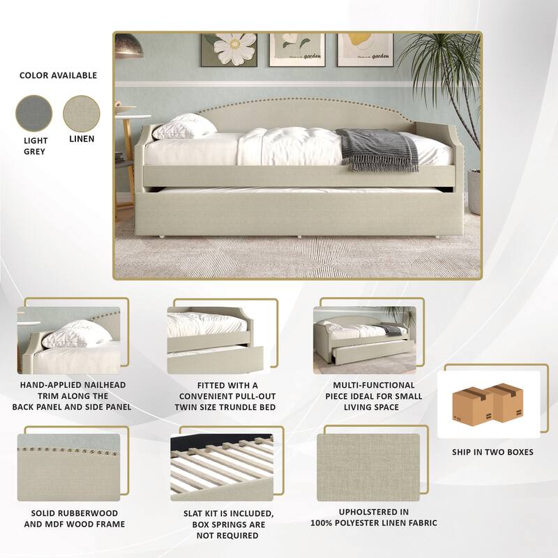 CraftPorch Minimalist Linen Upholstered Twin Daybed with Trundle