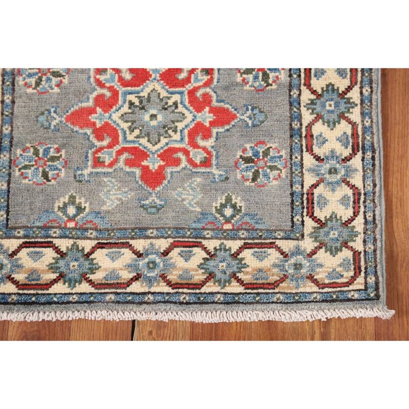 Geometric Grey Kazak Oriental Runner Rug Hand-Knotted Wool Carpet - 2'2" x 5'11"