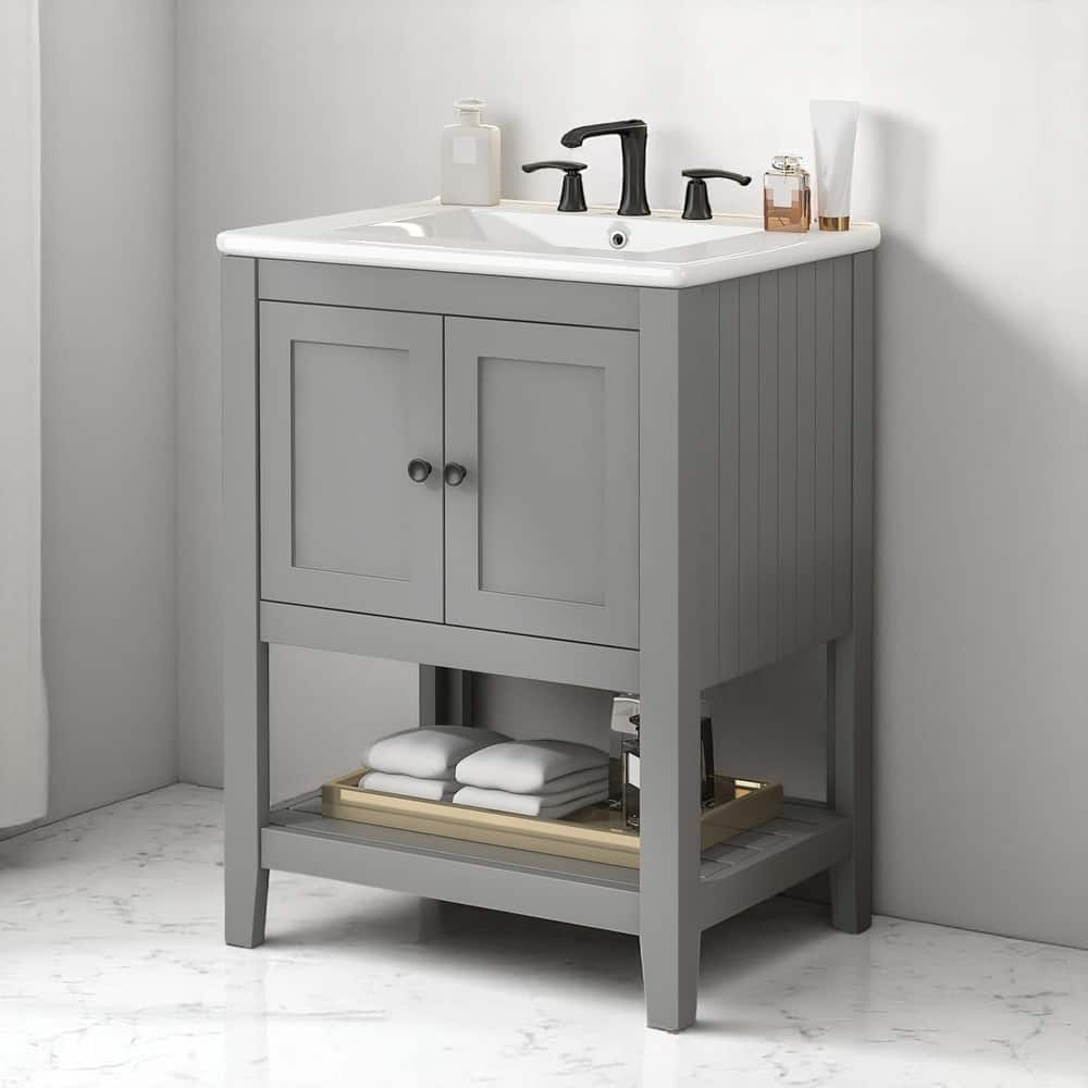 24" Bathroom Vanity with Ceramic Sink, Solid Wood Frame & Open Shelf, Freestanding Modern Cabinet