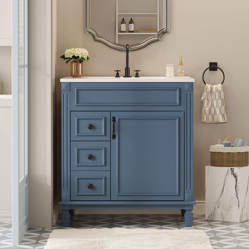 30" Bathroom Vanity with Ceramic Sink, Bathroom Storage Cabinet with 2 Drawers and Adjustable Shelf - Blue