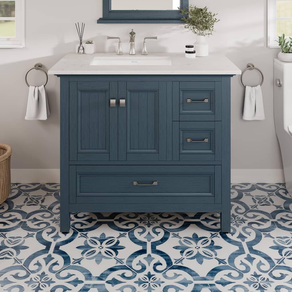 Eviva Britney 36"W x 22"D Ash Blue Bath Vanity with Carrara Quartz Top