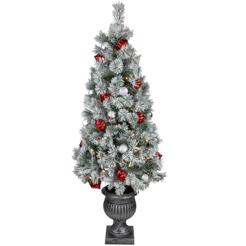 5' Potted Snowy Bristle Pine Artificial Christmas Tree, Clear Lights - 5 Foot
