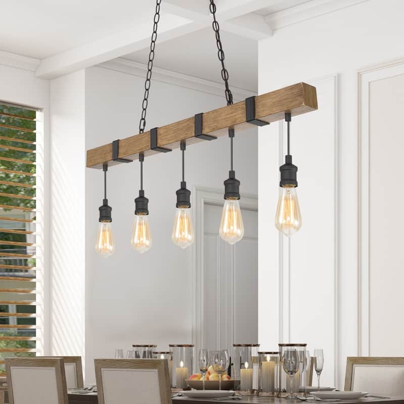 Farmhouse 5-Light Handcrafted Wood Metal Linear Pendant for Kitchen Island - L35.4" x W2.4" x H14"