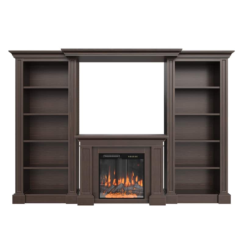 Electric Fireplace Mantel with Bookshelves, 115.5" Entertainment Center with Built-in Shelving