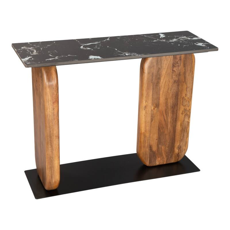 HomeRoots 43" Black and Brown Genuine Marble and Solid Wood Solid Console Table - 43.00 in. x 30.90 in. x 15.00 in.