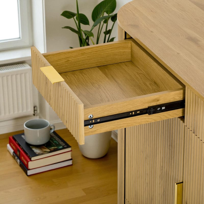 Modern 55.1" Storage Cabinet with Curved Doors, 2 Drawers & Side Shelves, Stripe MDF Buffet Console Table