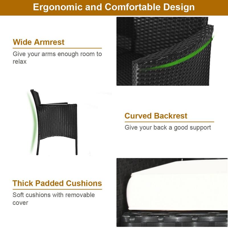 2-Piece Black Wicker Patio Set with White Seat Cushions and Tempered Glass Chat Table - 54.5" x 24" x 33" (L x W x H)