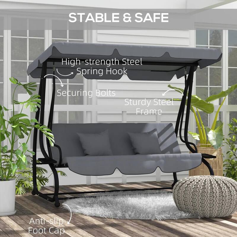3-Seat Convertible Patio Swing Glider, Cushion Set, Adjustable Canopy