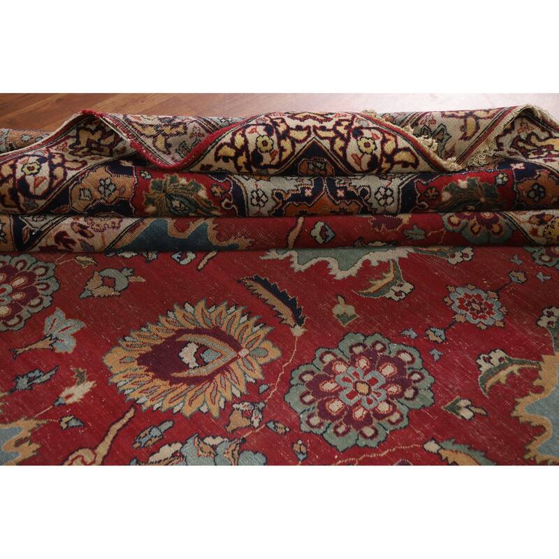 Hand Knotted Oriental 100% Wool Carpet Traditional All-Over Red Tabriz Area Rug - 13' 6'' X 10' 2''