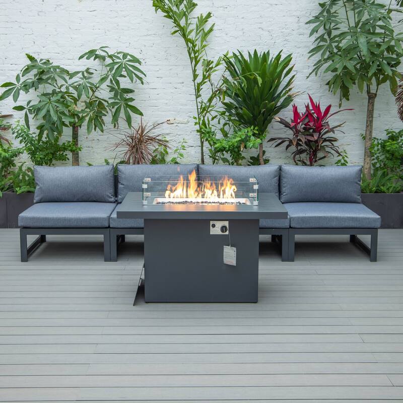 LeisureMod Chelsea 5-Piece Outdoor Patio Chairs and Fire Pit Table Set