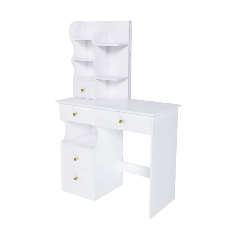 White dressing table, mirror and LED light, 5-drawer dressing table, movable and hidden mirror, 3-color mode touch screen